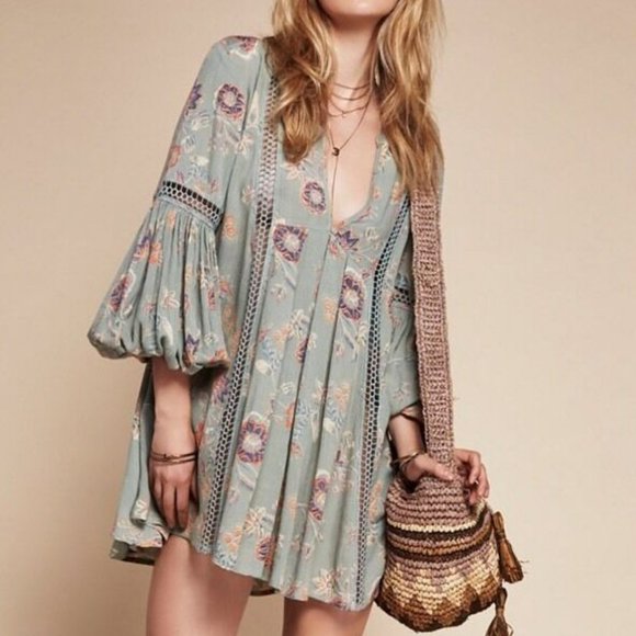Free People Just The Two Of Us Printed Floral Lace Inset Tunic Dress, S - Picture 2 of 15